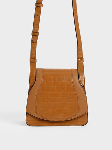 Croc-Effect Small Crossbody Bag, Cognac, hi-res