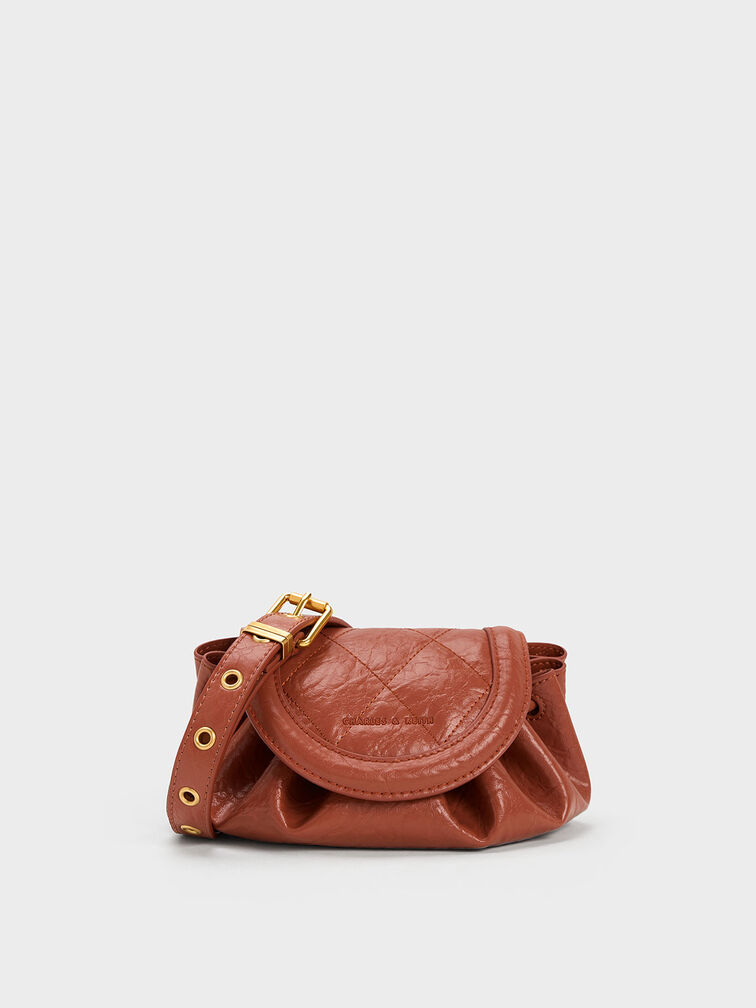 Mini Blossom Curved Flap Quilted Crossbody Bag - Brick