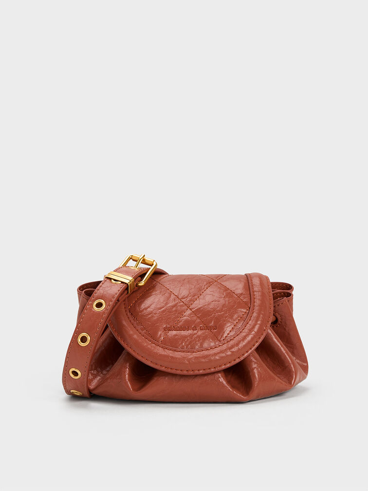 Mini Blossom Curved Flap Quilted Crossbody Bag, Brick, hi-res