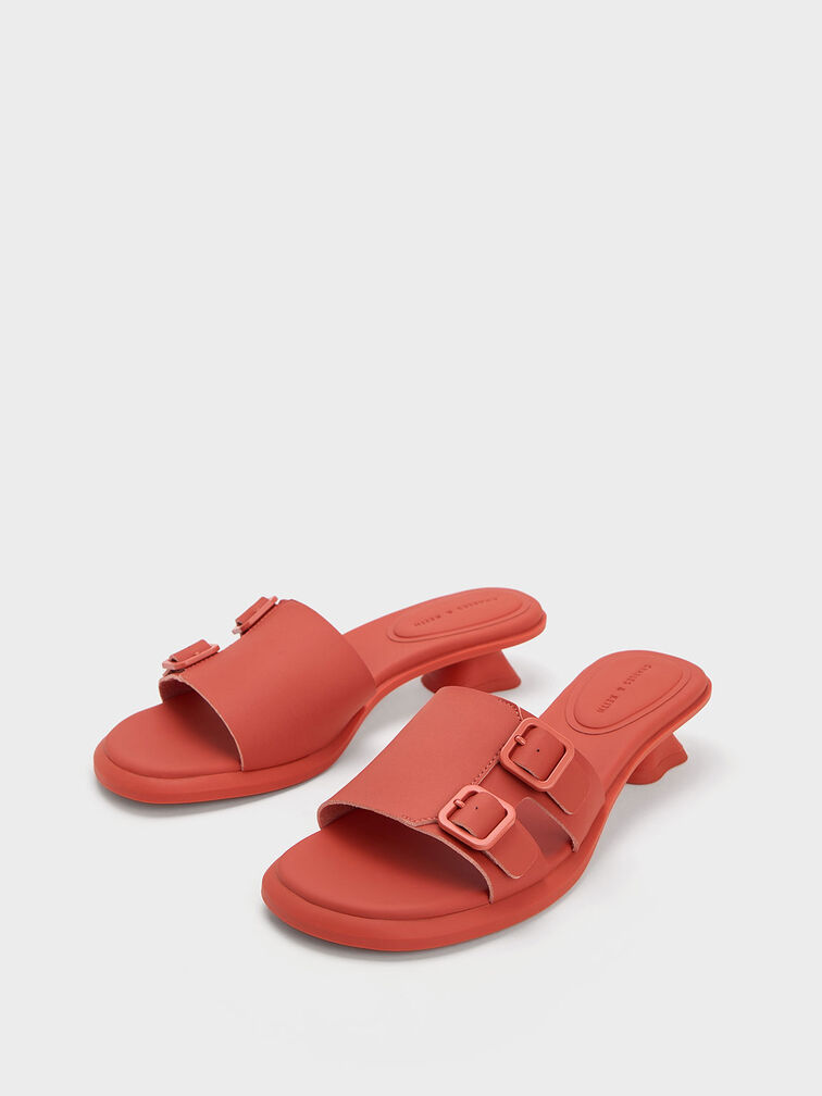 Double Buckle Sculptural Mules, Orange, hi-res