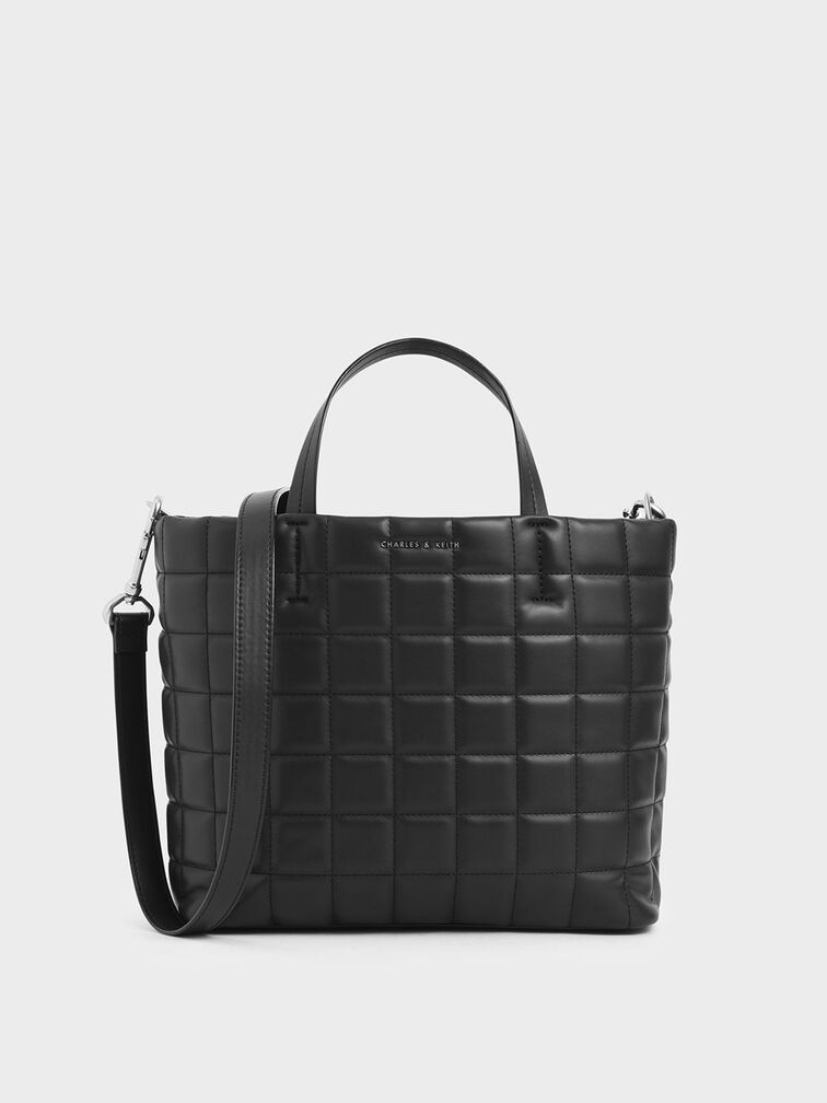 Quilted Short Strap Tote Bag, Black, hi-res