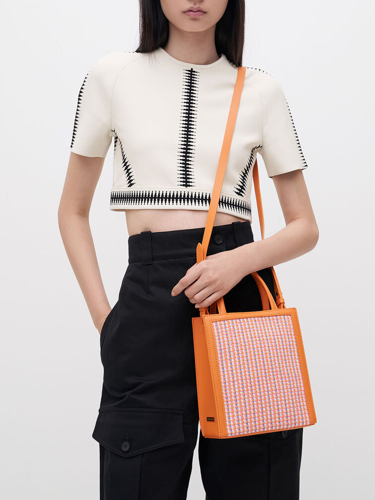 Tweed Double Handle Tote Bag, Orange, hi-res