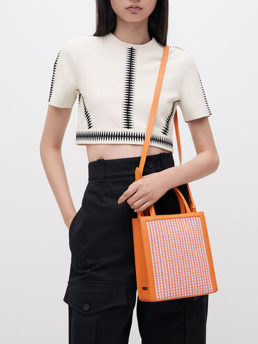 Tweed Double Handle Tote Bag, Orange, hi-res