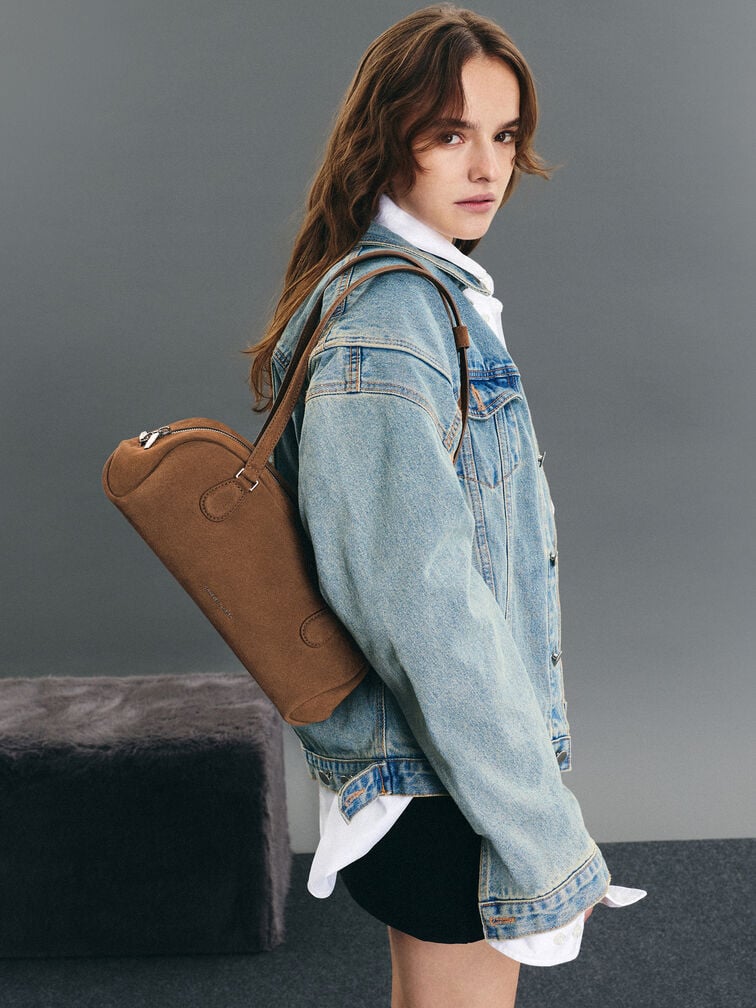 넬리 리사이클 스웨이드 이롱게이티드 숄더백, 모카 브라운, hi-res
