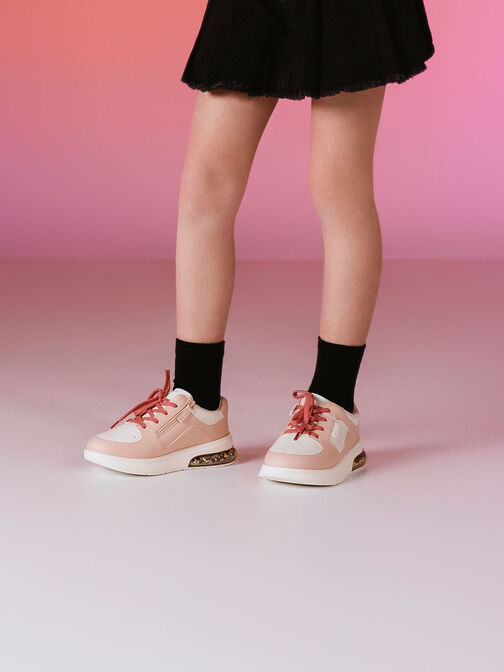 Girls' Beaded Sole Lace-Up Sneakers, Blush, hi-res