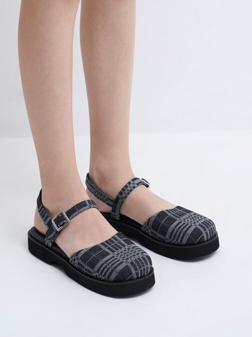 Girls' Denim Plaid Ankle-Strap Flats, Dark Blue, hi-res