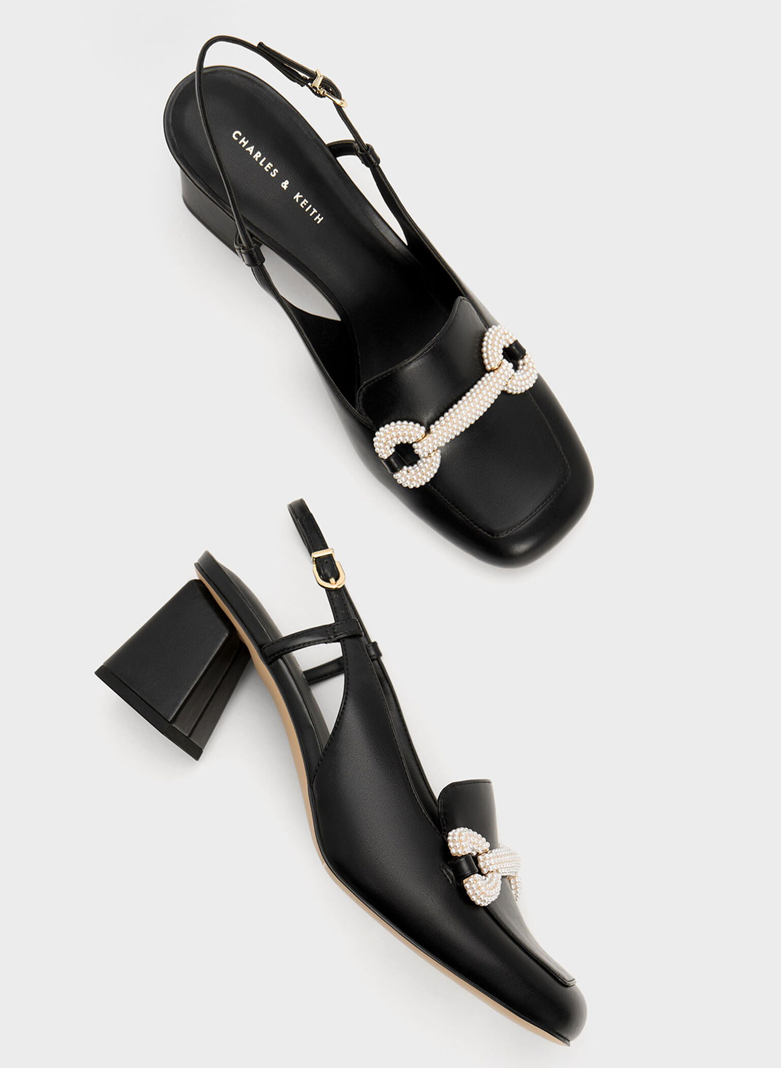 Beaded Slingback Loafer Pumps, Black, hi-res