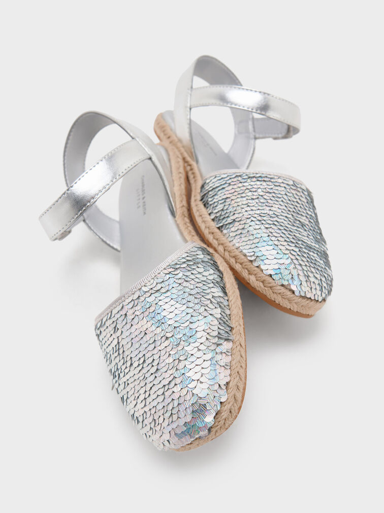 Girls' Sequin Espadrille Flats, Silver, hi-res