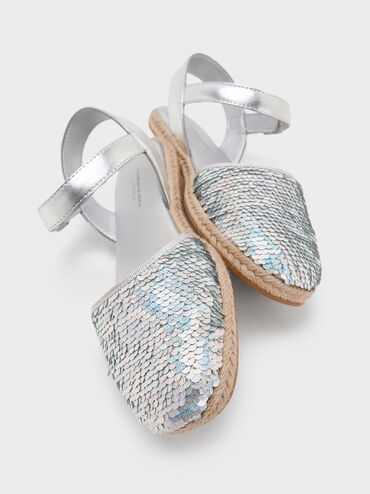 Girls' Sequin Espadrille Flats, Silver, hi-res