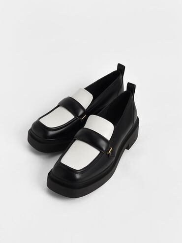 Two-Tone Platform Penny Loafers, Black, hi-res