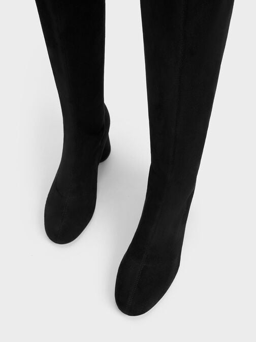 Textured Cylindrical Heel Thigh-High Boots, Black Textured, hi-res
