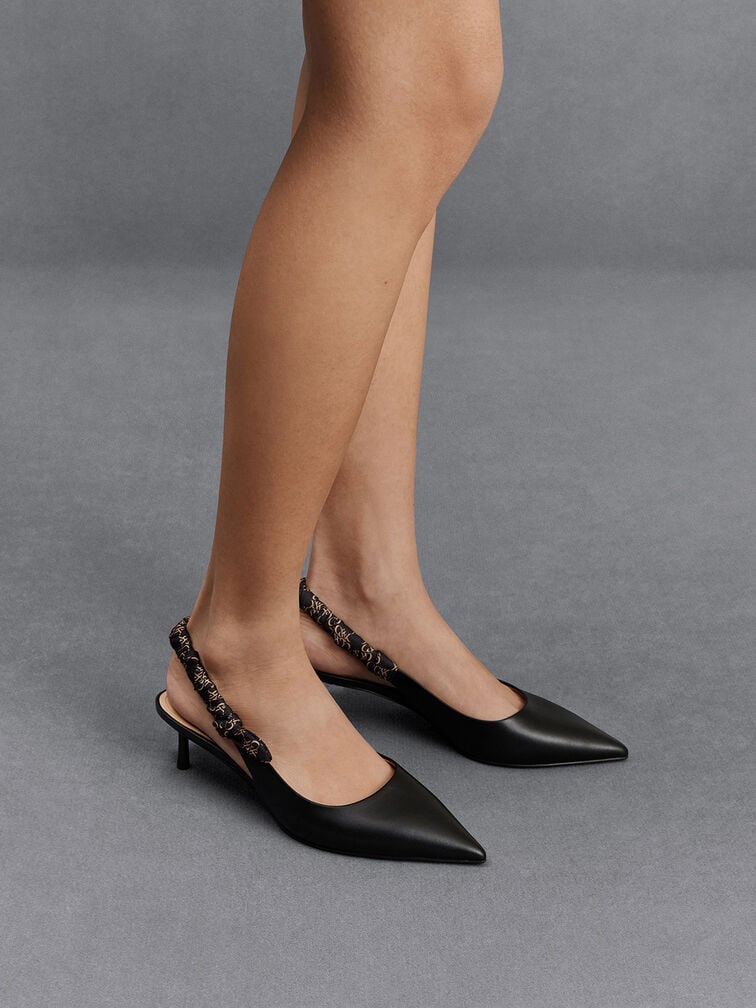Zapatos de tacón destalonados de cuero con correa efecto arrugado, Negro, hi-res