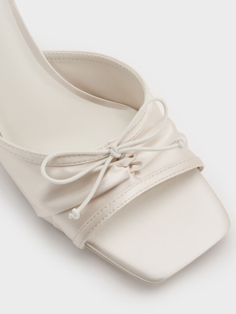 Satin Ruched Bow Heeled Mules, Chalk, hi-res