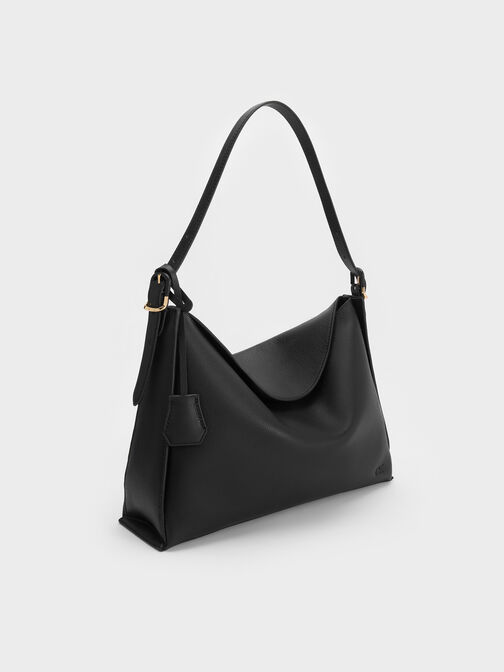 Large Leather Top-Flap Hobo Bag, Black, hi-res