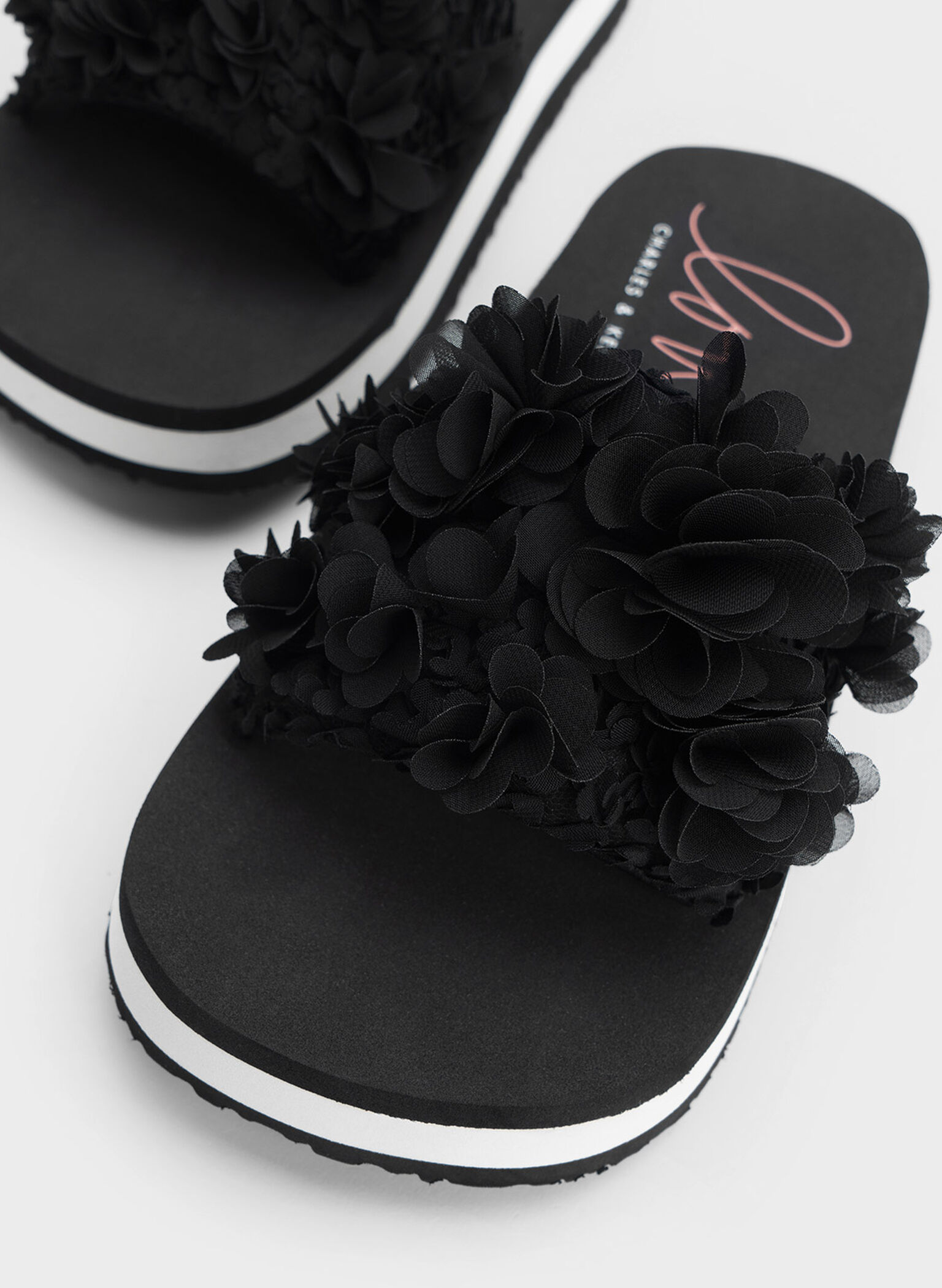 Floral Mesh Flatform Sandals, Black, hi-res