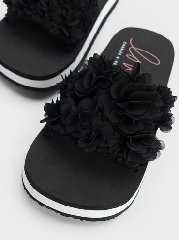 Floral Mesh Flatform Sandals, Black, hi-res