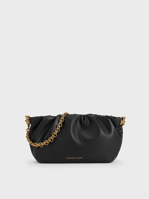 Brigette Ruched Chain-Handle Clutch, Black, hi-res