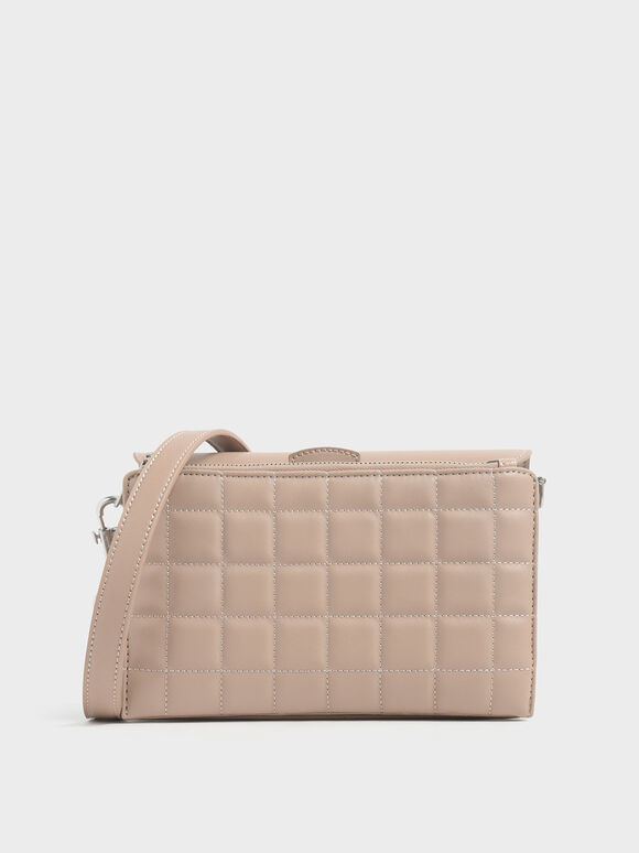 Removable Quilted Pouch Boxy Shoulder Bag, Beige, hi-res