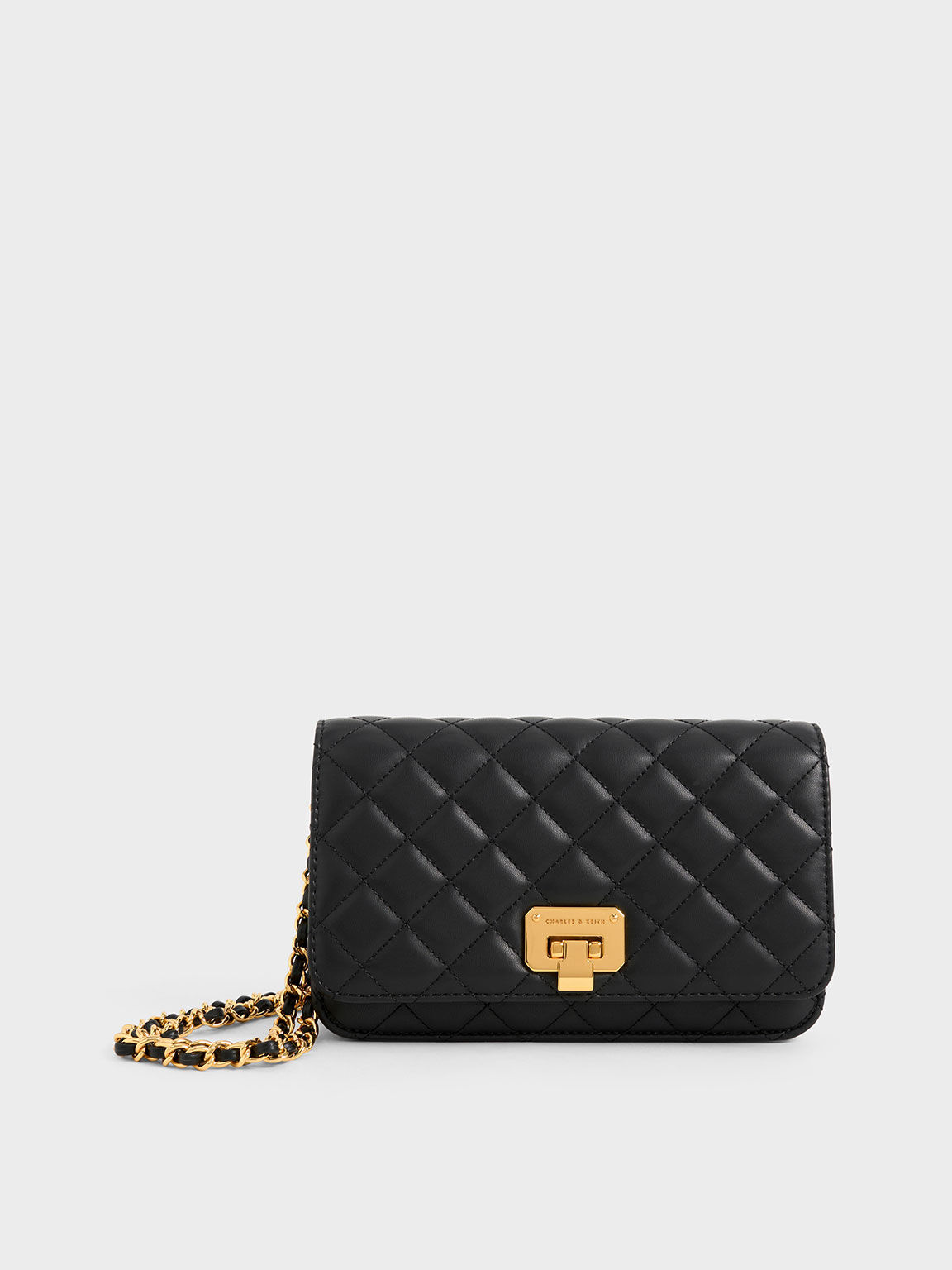 Quilted Push-Lock Clutch, Black, hi-res