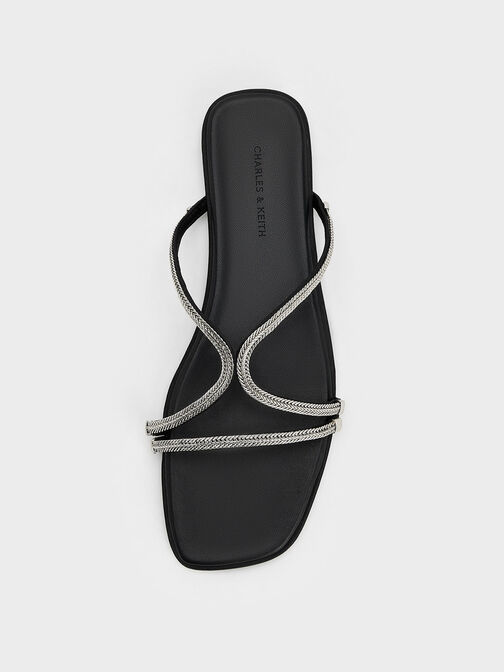 Satin Braided Strappy Sandals, Black Textured, hi-res