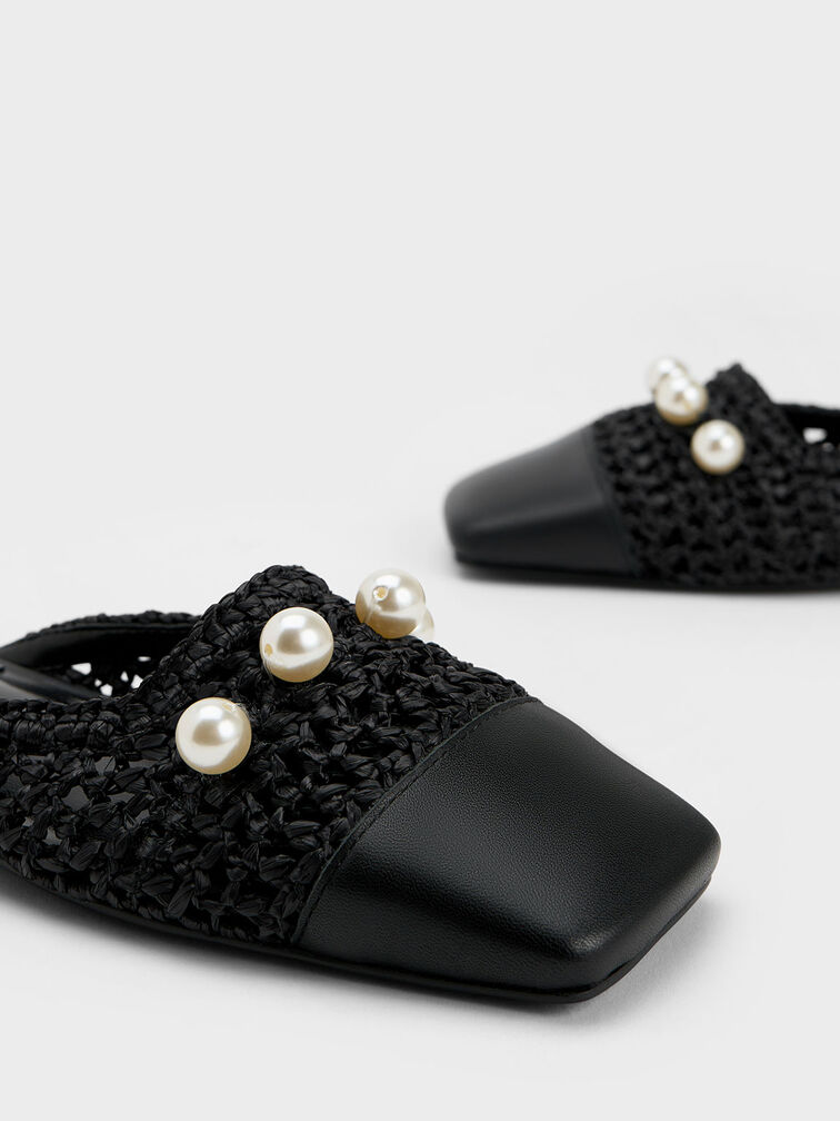 珍珠草編真皮穆勒鞋, 黑色, hi-res