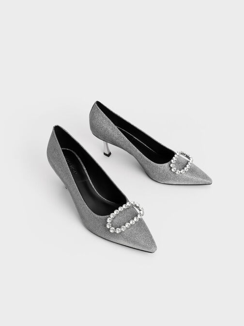 Gem-Embellished Glittered Pumps, Pewter, hi-res