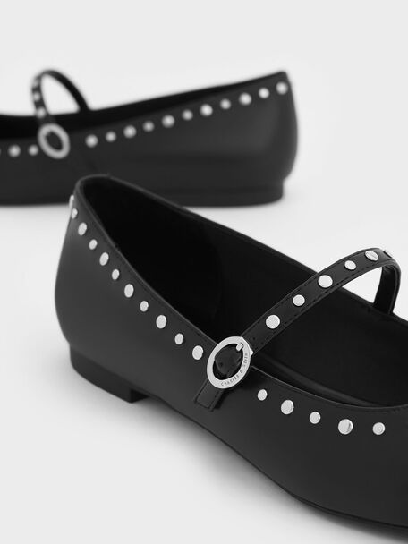 Studded Pointed-Toe Mary Jane Flats, Black, hi-res