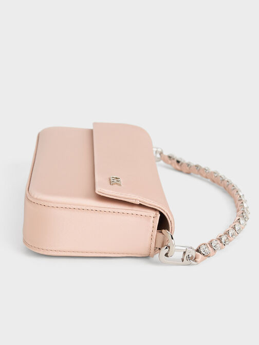 Satin Front Flap Gem-Strap Bag, Light Pink, hi-res