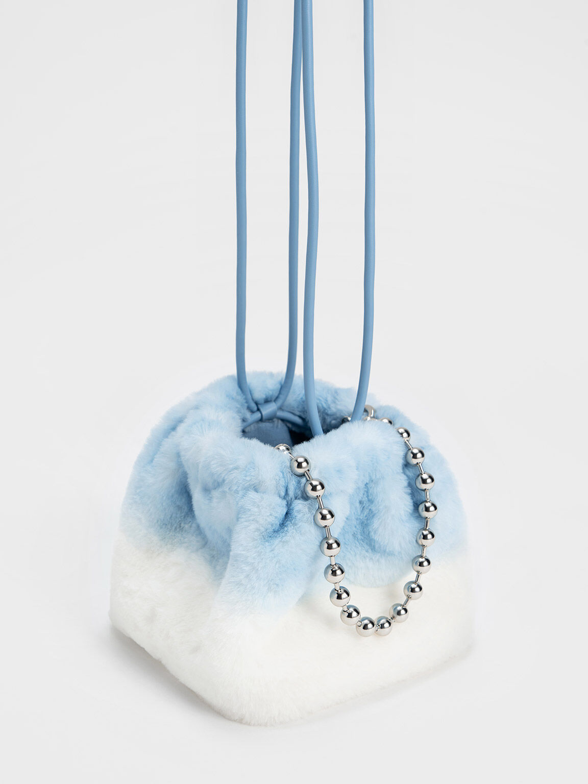 Light Blue Aldora Beaded Handle Furry Bucket Bag - CHARLES 