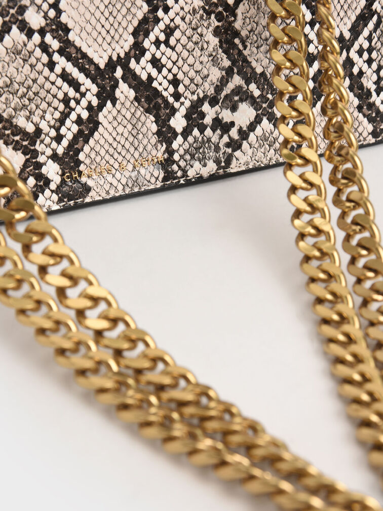 Chain Strap Snake Print Trapeze Shoulder Bag, Chalk, hi-res