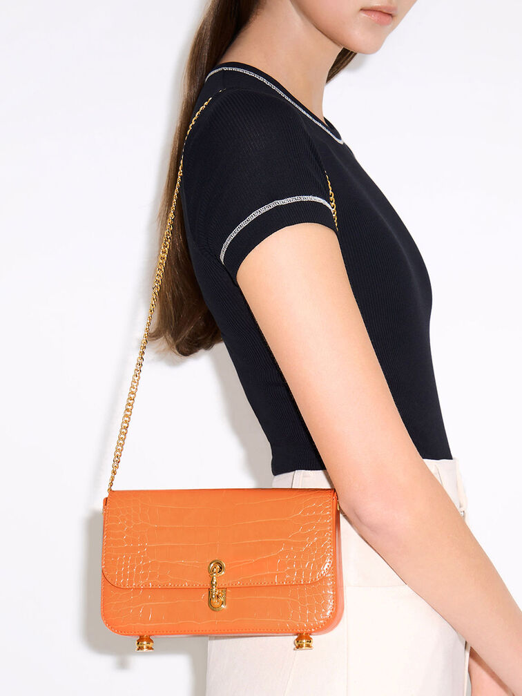 Meriah Croc-Embossed Clutch, Orange, hi-res