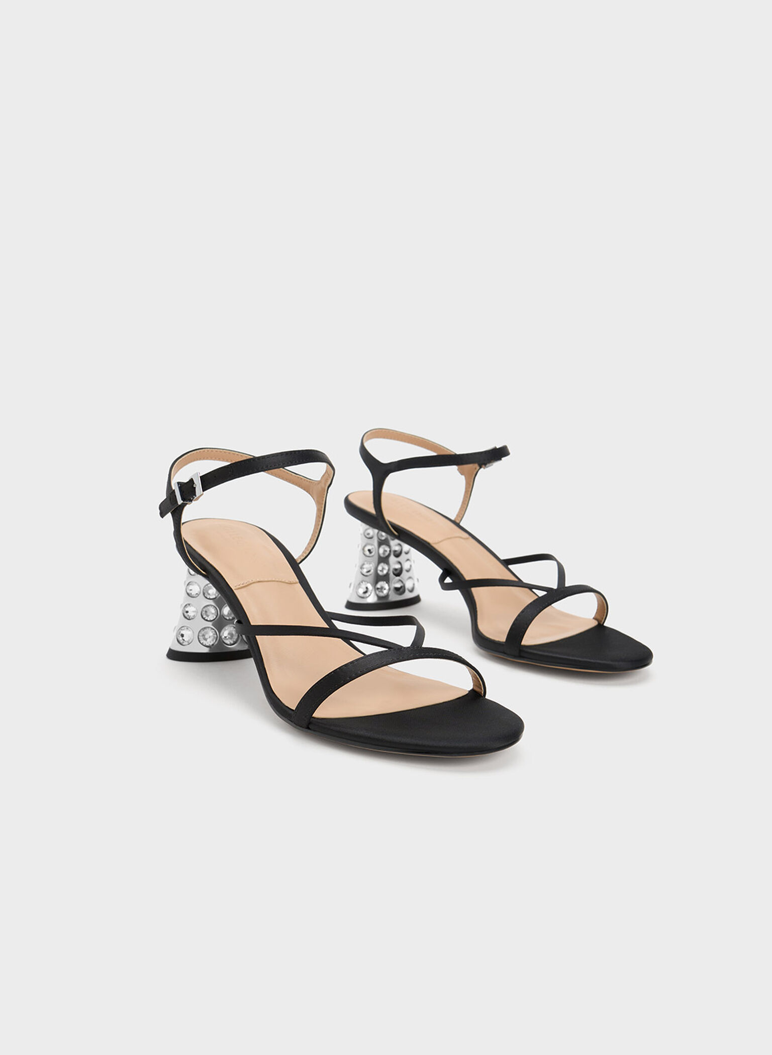Embellished Heel Recycled Polyester Sandals, Black, hi-res