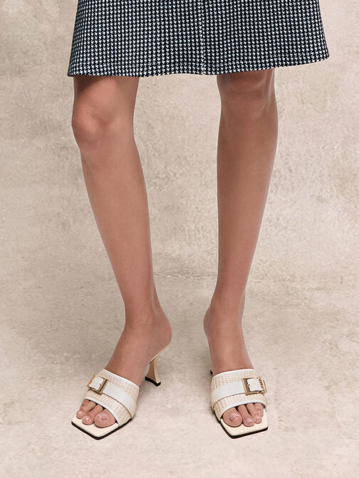 Whitney Leather & Raffia Buckled Heeled Mules, White, hi-res