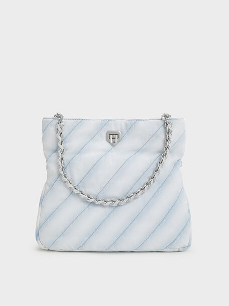 Fawn Denim Panelled Chain-Handle Shoulder Bag, Light Washed Denim, hi-res