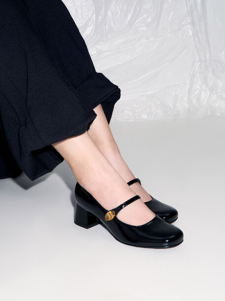 Patent Metallic-Buckle Block-Heel Mary Janes, Black Patent, hi-res