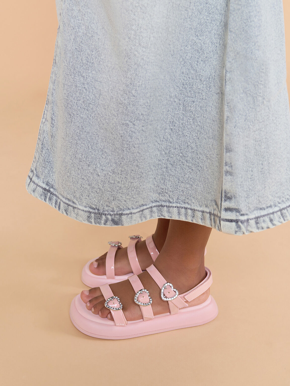 Girls Patent Heart Embellished Strappy Sandals Pink