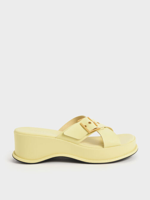 Buckled Crossover Platform Sandals, Yellow, hi-res