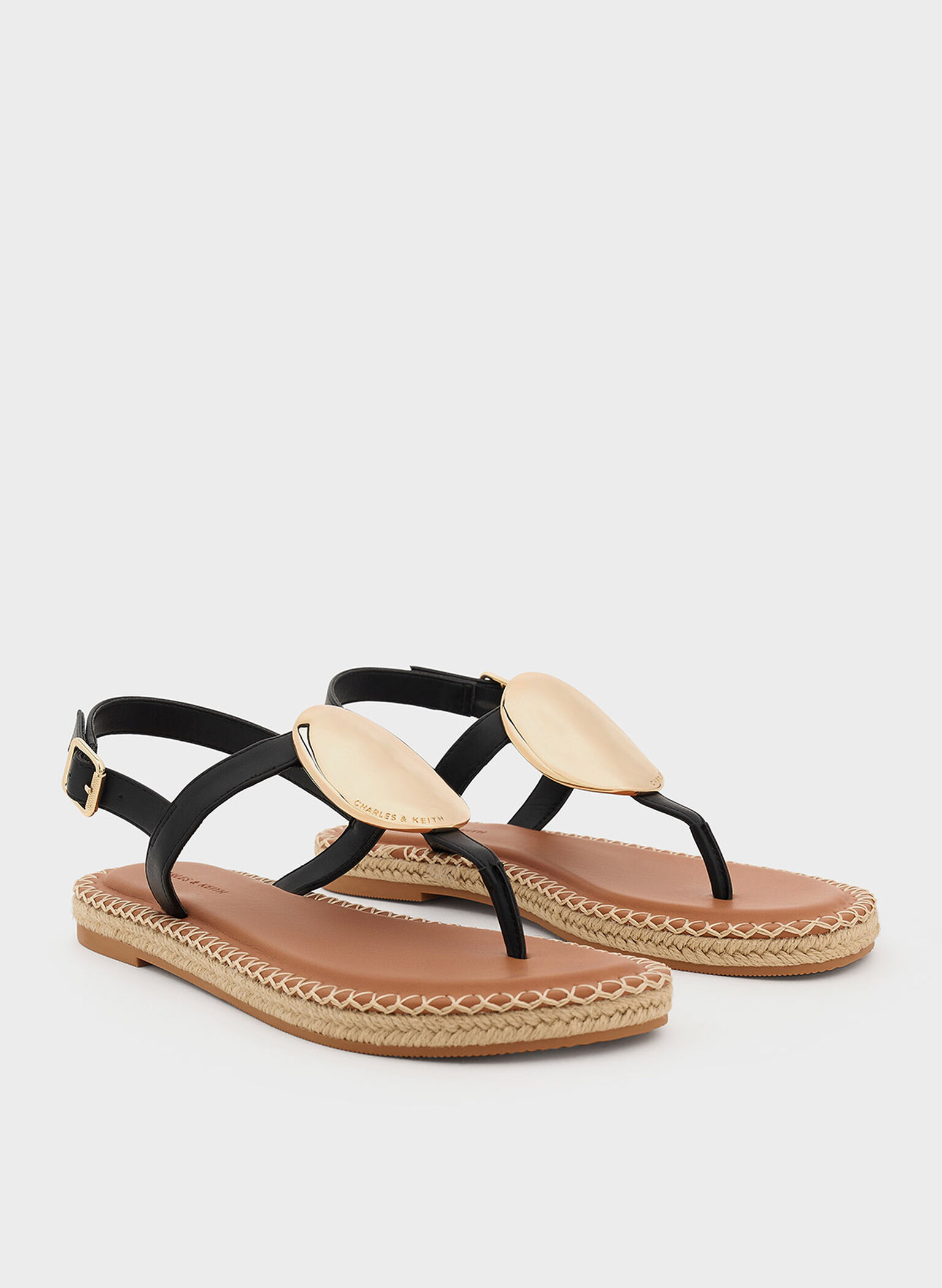Metallic Oval Espadrille Sandals, Black, hi-res