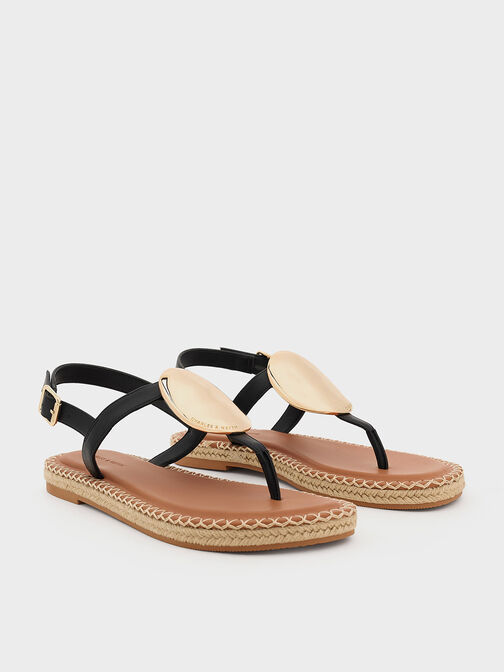 Metallic Oval Espadrille Sandals, Black, hi-res