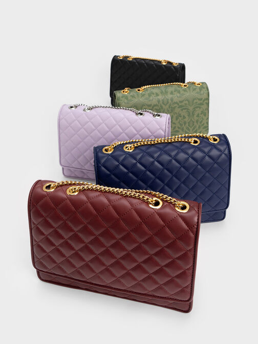 Push-Lock Quilted Crossbody Bag, Burgundy, hi-res