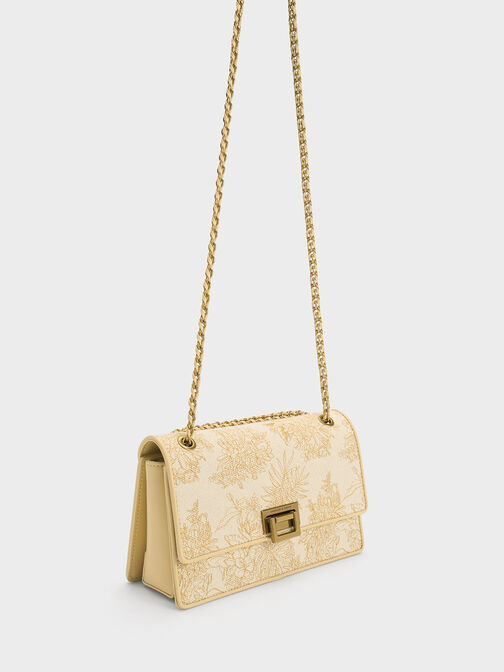 Floral Illustrated Canvas Shoulder Bag, Beige, hi-res