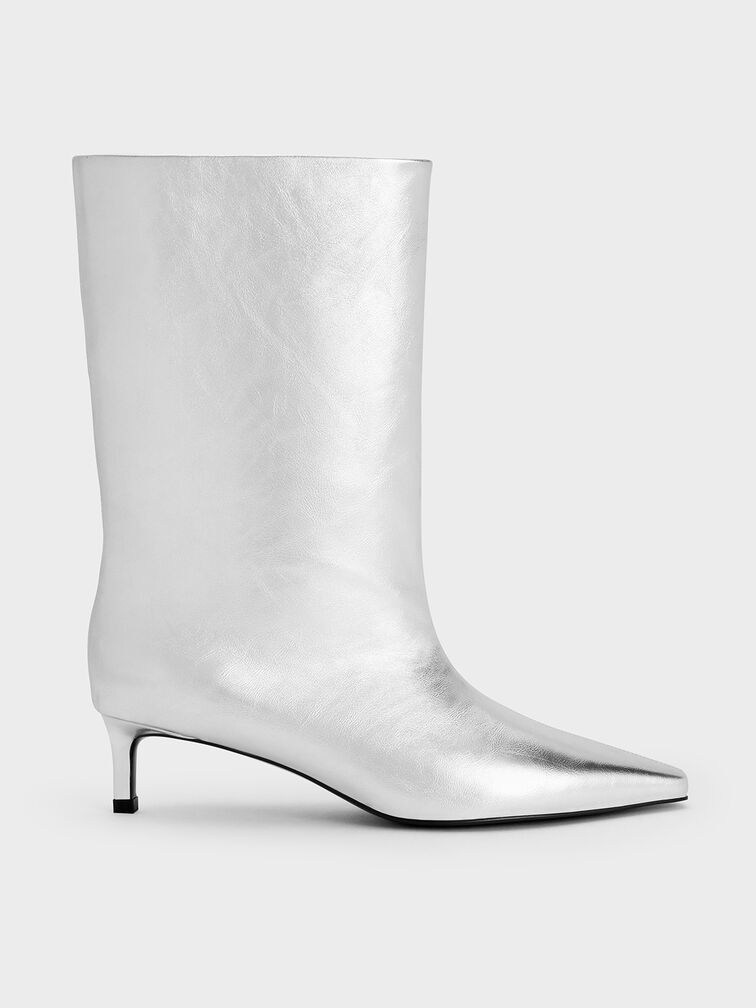 Metallic Elongated Tapered-Toe Kitten-Heel Calf Boots, Silver, hi-res