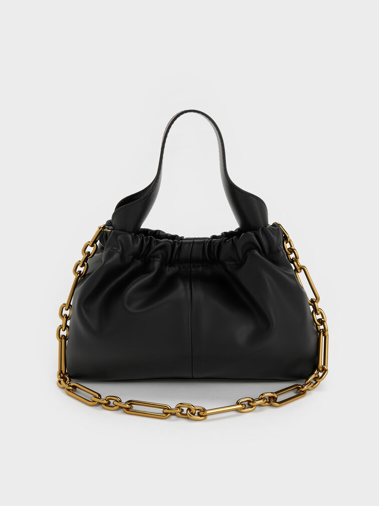 Ally Ruched Slouchy Chain-Handle Bag, Black, hi-res