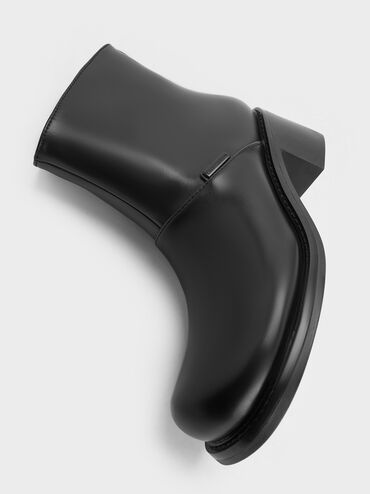 Botins com salto bloco com acabamento costurado, Black, hi-res