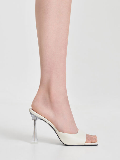 Clear Flared Heel Mules, Cream, hi-res