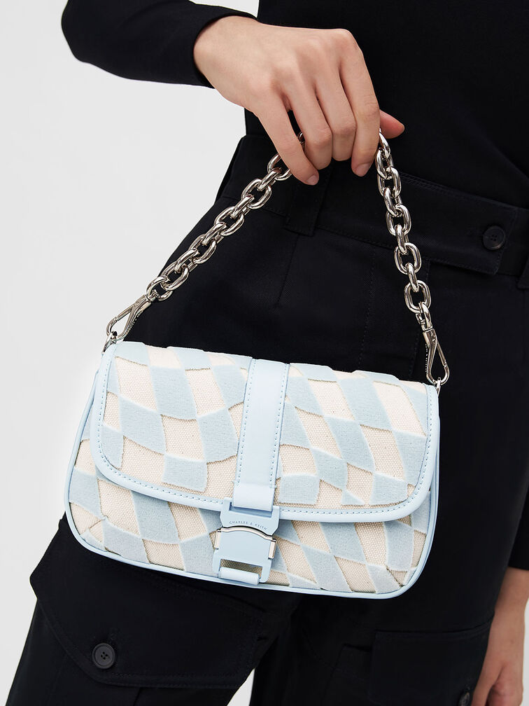 Zetta Checkered Canvas Crossbody Bag, Light Blue, hi-res