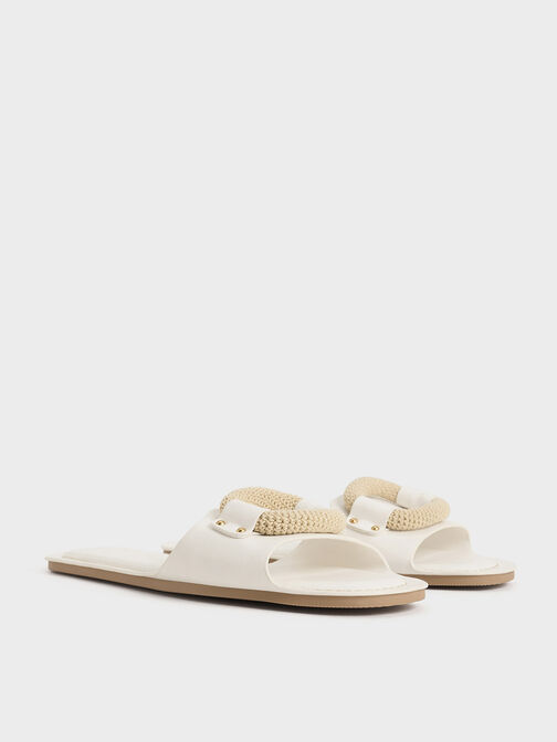 Raffia Ring Slide Sandals, White, hi-res