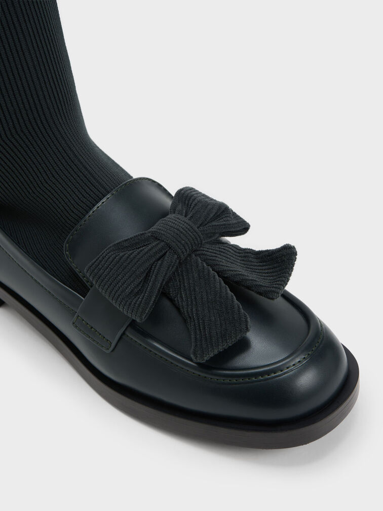 Bow Knitted Sock Loafer Boots, Dark Green, hi-res