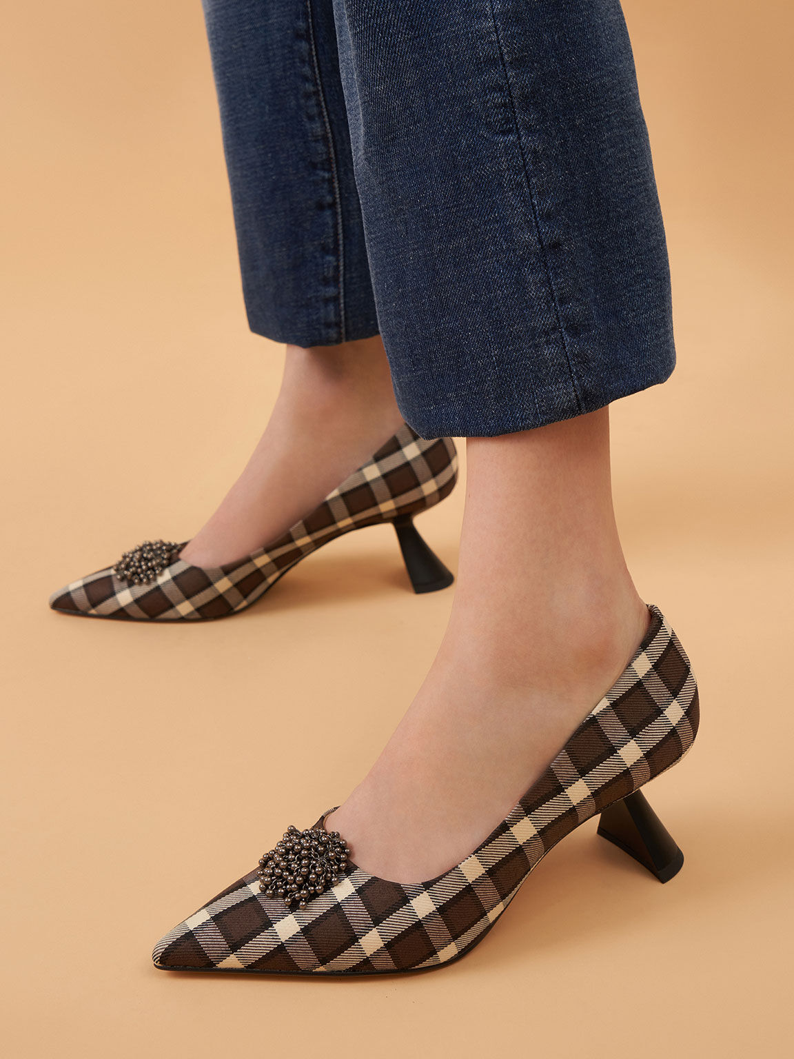Check-Print Embellished Sculptural Heel Pumps, Multi, hi-res