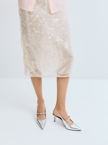 Metallic Pointed Slingback Mary Jane Pumps, Silver, hi-res